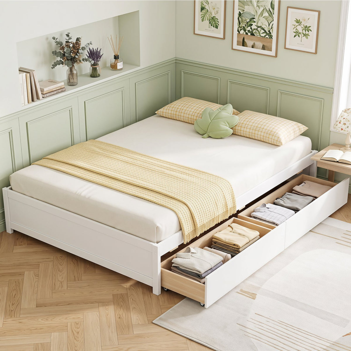 Queen Size Bed Frame with 2 Rolling Storage Drawers-White view 6