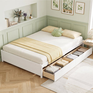 Queen Size Bed Frame with 2 Rolling Storage Drawers-White view 6