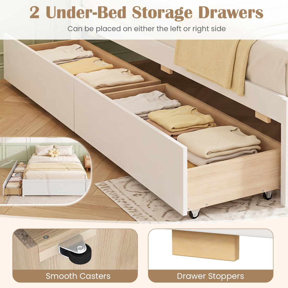 Queen Size Bed Frame with 2 Rolling Storage Drawers-White view 7
