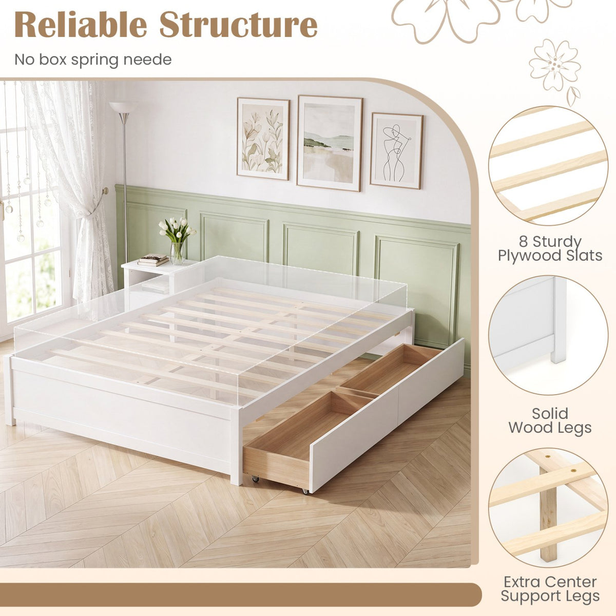 Queen Size Bed Frame with 2 Rolling Storage Drawers-White view 9