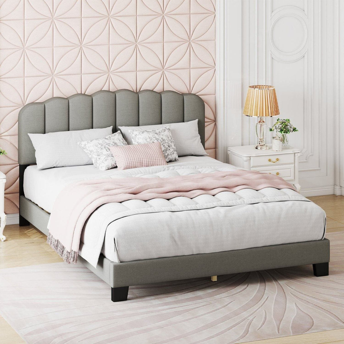 Queen Size Bed Frame with Adjustable Scalloped Tufted Headboard-Queen Size view 3
