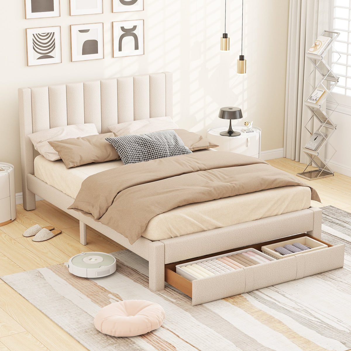 Queen Size Bed Frame with Storage Drawer and Vertical Channel Headboard-Beige view 2