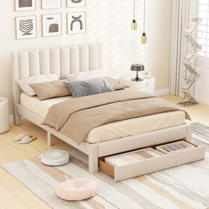 Queen Size Bed Frame with Storage Drawer and Vertical Channel Headboard-Beige view 2