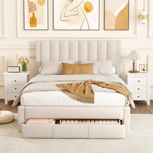 Queen Size Bed Frame with Storage Drawer and Vertical Channel Headboard-Beige view 3