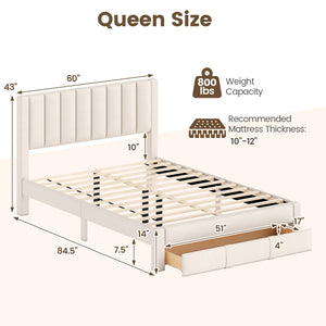 Queen Size Bed Frame with Storage Drawer and Vertical Channel Headboard-Beige view 4