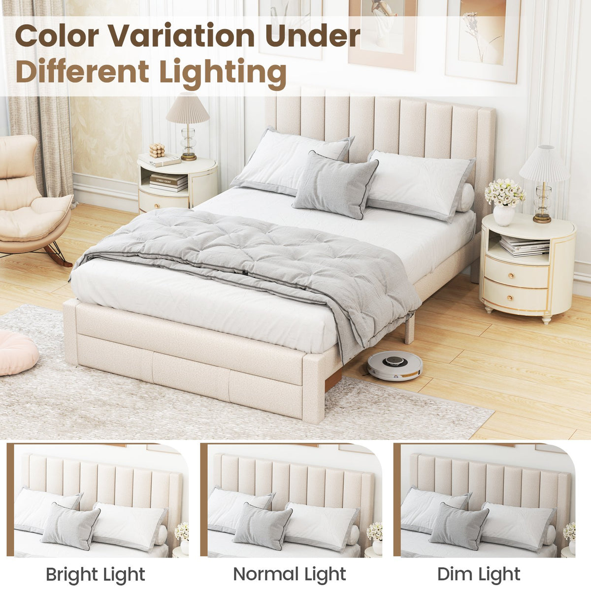 Queen Size Bed Frame with Storage Drawer and Vertical Channel Headboard-Beige view 9