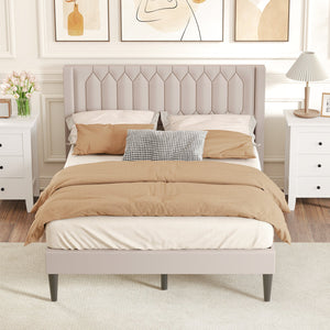 Queen Size Dutch Velvet/Linen Fabric Upholstered Platform Bed with Wingback Headboard and Wooden Slat Support-Beige view 2