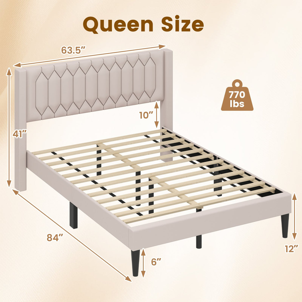 Queen Size Dutch Velvet/Linen Fabric Upholstered Platform Bed with Wingback Headboard and Wooden Slat Support-Beige view 4