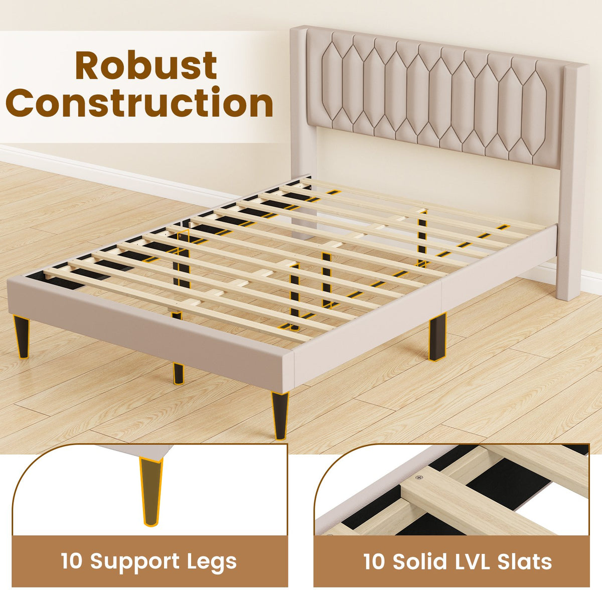 Queen Size Dutch Velvet/Linen Fabric Upholstered Platform Bed with Wingback Headboard and Wooden Slat Support-Beige view 6