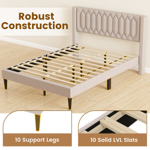 Queen Size Dutch Velvet/Linen Fabric Upholstered Platform Bed with Wingback Headboard and Wooden Slat Support-Beige view 6