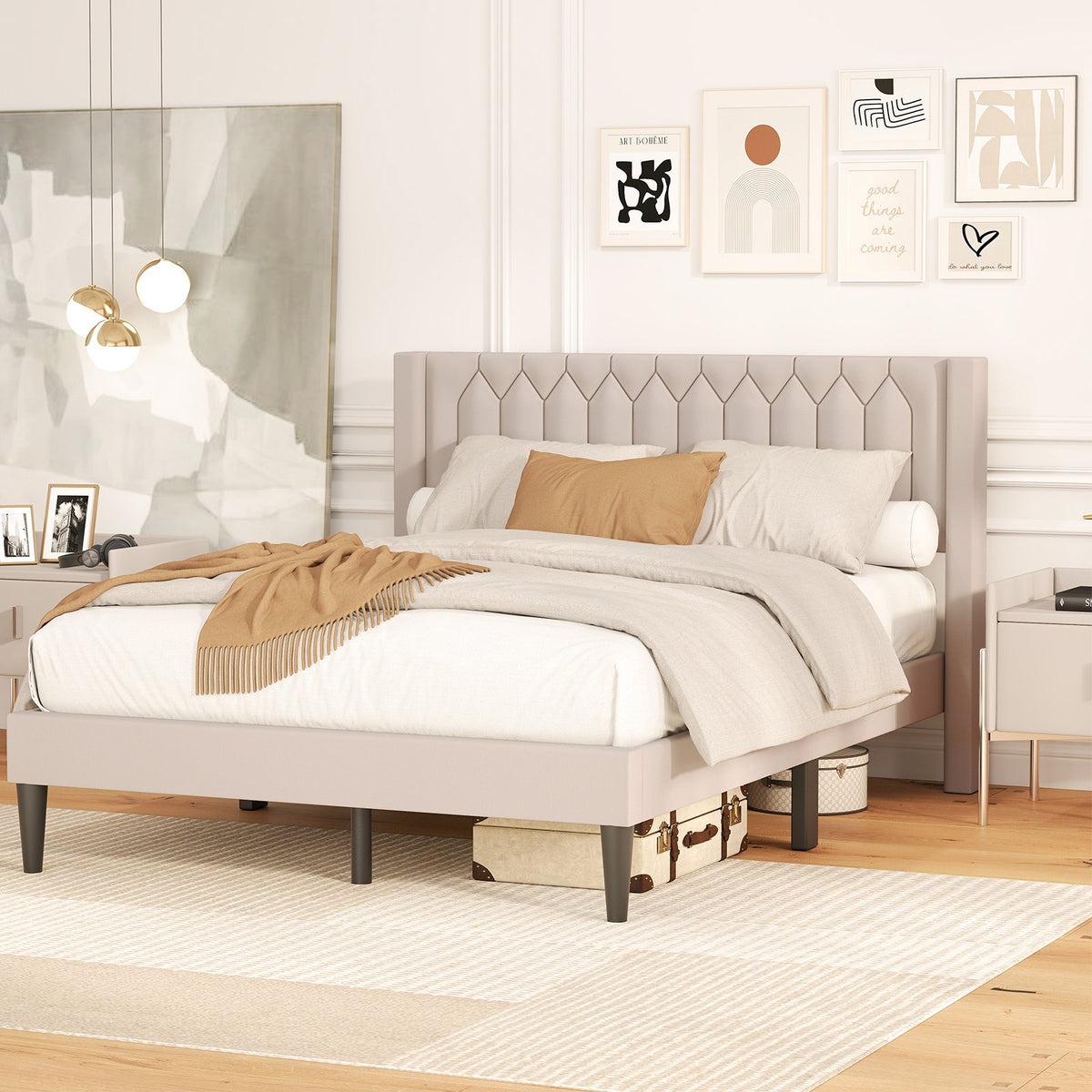 Queen Size Dutch Velvet/Linen Fabric Upholstered Platform Bed with Wingback Headboard and Wooden Slat Support-Beige view 9