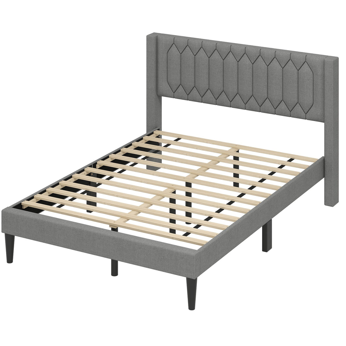 Queen Size Dutch Velvet/Linen Fabric Upholstered Platform Bed with Wingback Headboard and Wooden Slat Support-Gray、