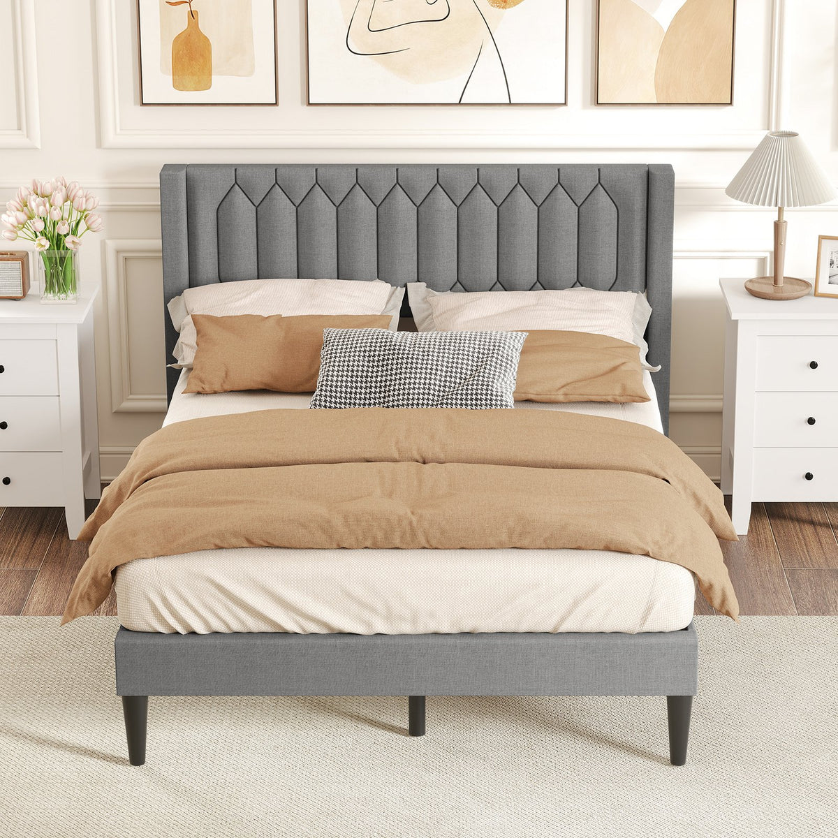 Queen Size Dutch Velvet/Linen Fabric Upholstered Platform Bed with Wingback Headboard and Wooden Slat Support-Gray、 view 3