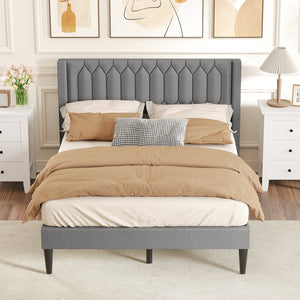 Queen Size Dutch Velvet/Linen Fabric Upholstered Platform Bed with Wingback Headboard and Wooden Slat Support-Gray、 view 3