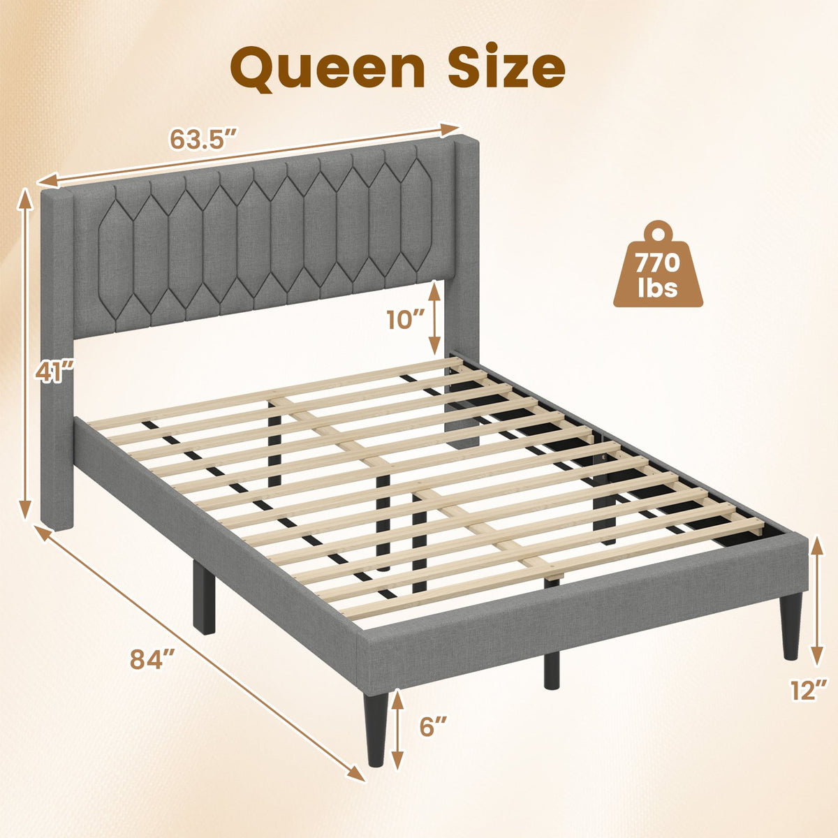 Queen Size Dutch Velvet/Linen Fabric Upholstered Platform Bed with Wingback Headboard and Wooden Slat Support-Gray、 view 4