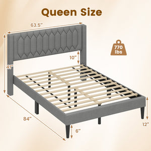Queen Size Dutch Velvet/Linen Fabric Upholstered Platform Bed with Wingback Headboard and Wooden Slat Support-Gray、 view 4