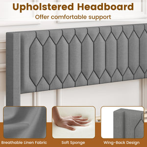 Queen Size Dutch Velvet/Linen Fabric Upholstered Platform Bed with Wingback Headboard and Wooden Slat Support-Gray、 view 5