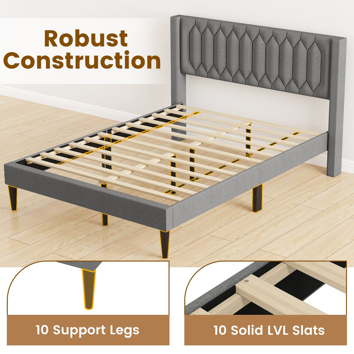 Queen Size Dutch Velvet/Linen Fabric Upholstered Platform Bed with Wingback Headboard and Wooden Slat Support-Gray、 view 6