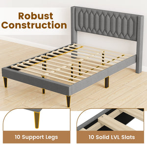 Queen Size Dutch Velvet/Linen Fabric Upholstered Platform Bed with Wingback Headboard and Wooden Slat Support-Gray、 view 6