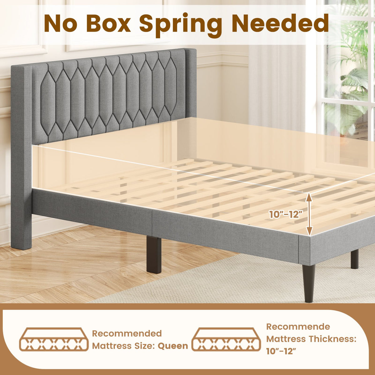 Queen Size Dutch Velvet/Linen Fabric Upholstered Platform Bed with Wingback Headboard and Wooden Slat Support-Gray、 view 7