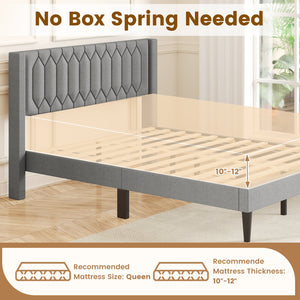Queen Size Dutch Velvet/Linen Fabric Upholstered Platform Bed with Wingback Headboard and Wooden Slat Support-Gray、 view 7