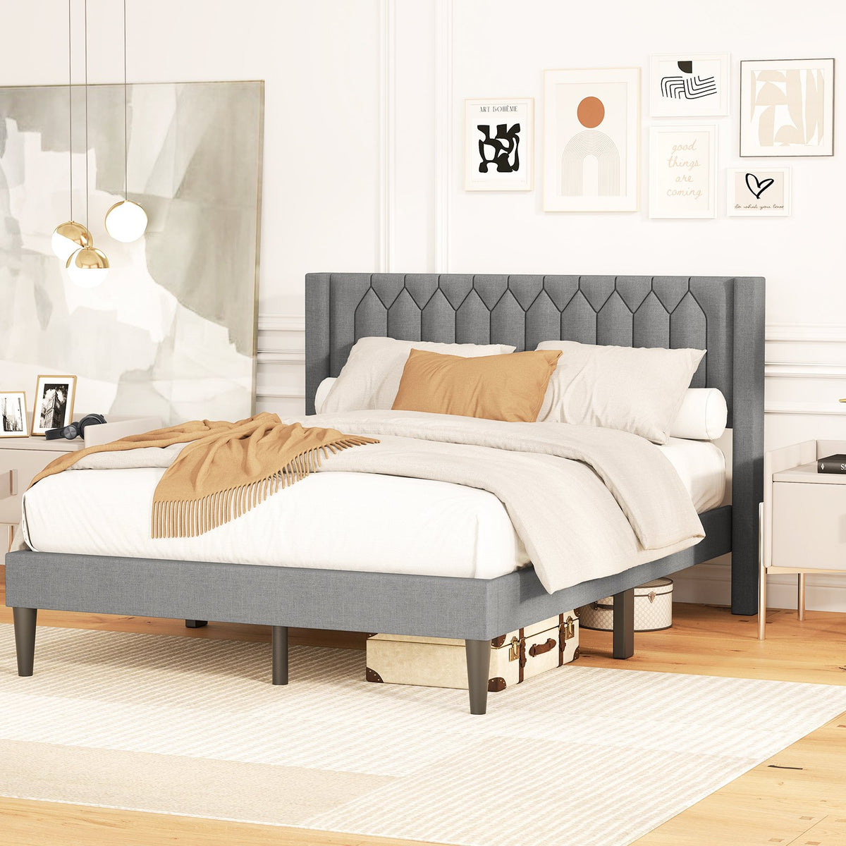 Queen Size Dutch Velvet/Linen Fabric Upholstered Platform Bed with Wingback Headboard and Wooden Slat Support-Gray、 view 9