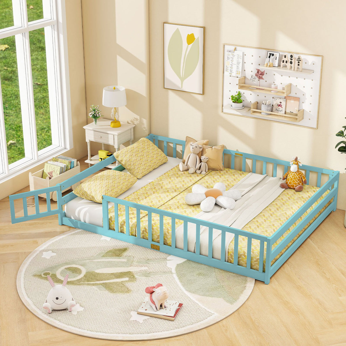 Queen Size Floor Bed Kids Montessori Bed Frame with Full Length Safety Guardrails-Dark Green view 2