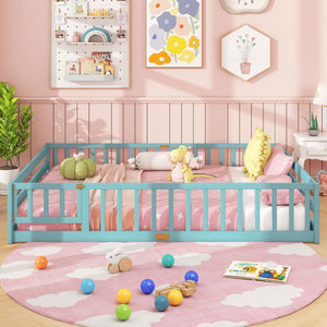 Queen Size Floor Bed Kids Montessori Bed Frame with Full Length Safety Guardrails-Dark Green view 3