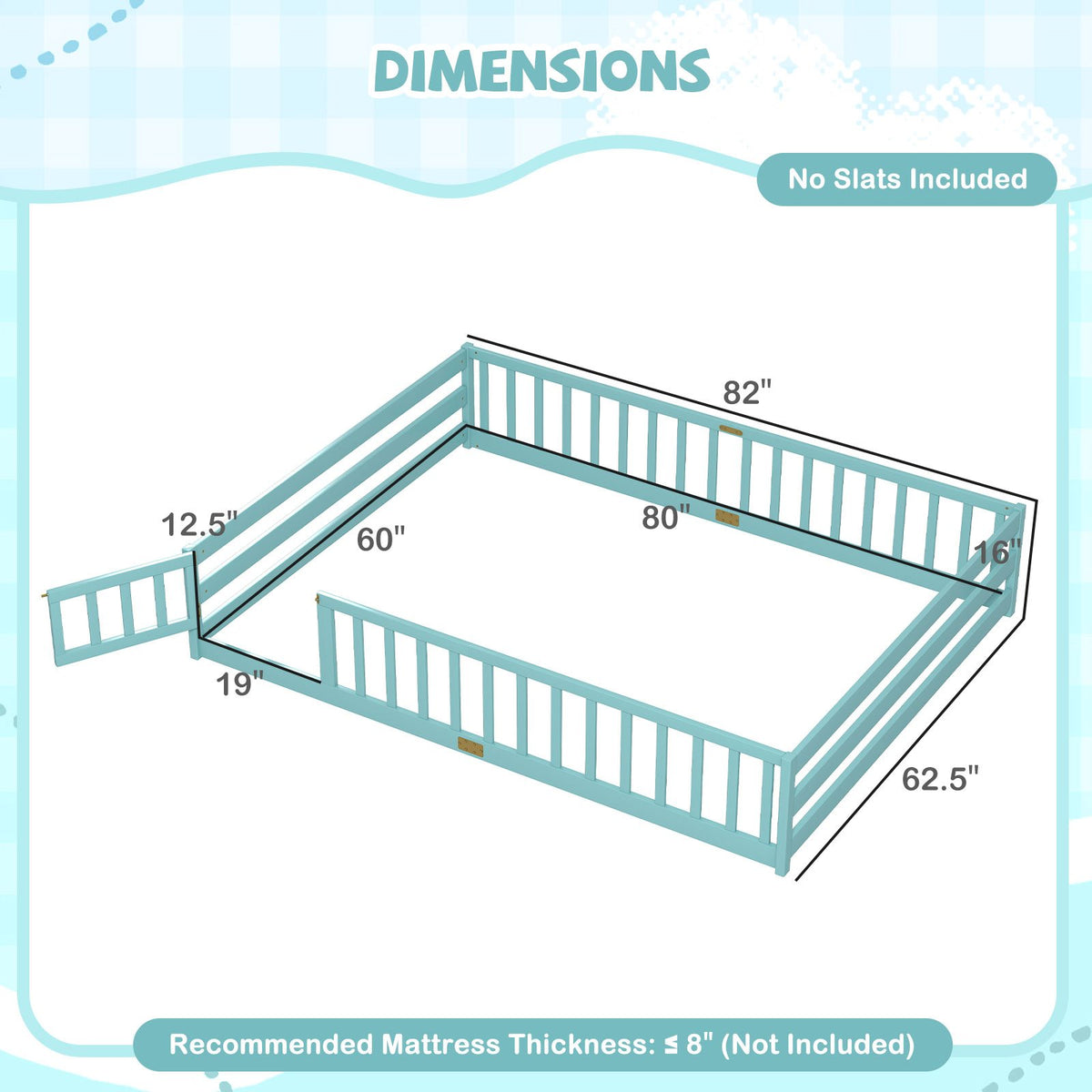 Queen Size Floor Bed Kids Montessori Bed Frame with Full Length Safety Guardrails-Dark Green view 4