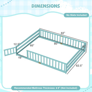 Queen Size Floor Bed Kids Montessori Bed Frame with Full Length Safety Guardrails-Dark Green view 4