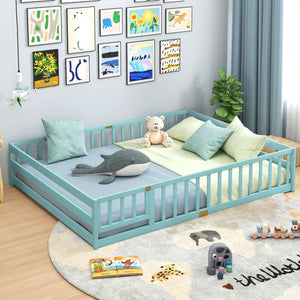 Queen Size Floor Bed Kids Montessori Bed Frame with Full Length Safety Guardrails-Dark Green view 5