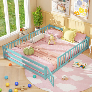 Queen Size Floor Bed Kids Montessori Bed Frame with Full Length Safety Guardrails-Dark Green view 6