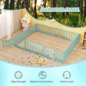 Queen Size Floor Bed Kids Montessori Bed Frame with Full Length Safety Guardrails-Dark Green view 7