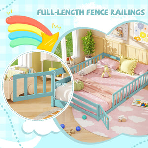 Queen Size Floor Bed Kids Montessori Bed Frame with Full Length Safety Guardrails-Dark Green view 8