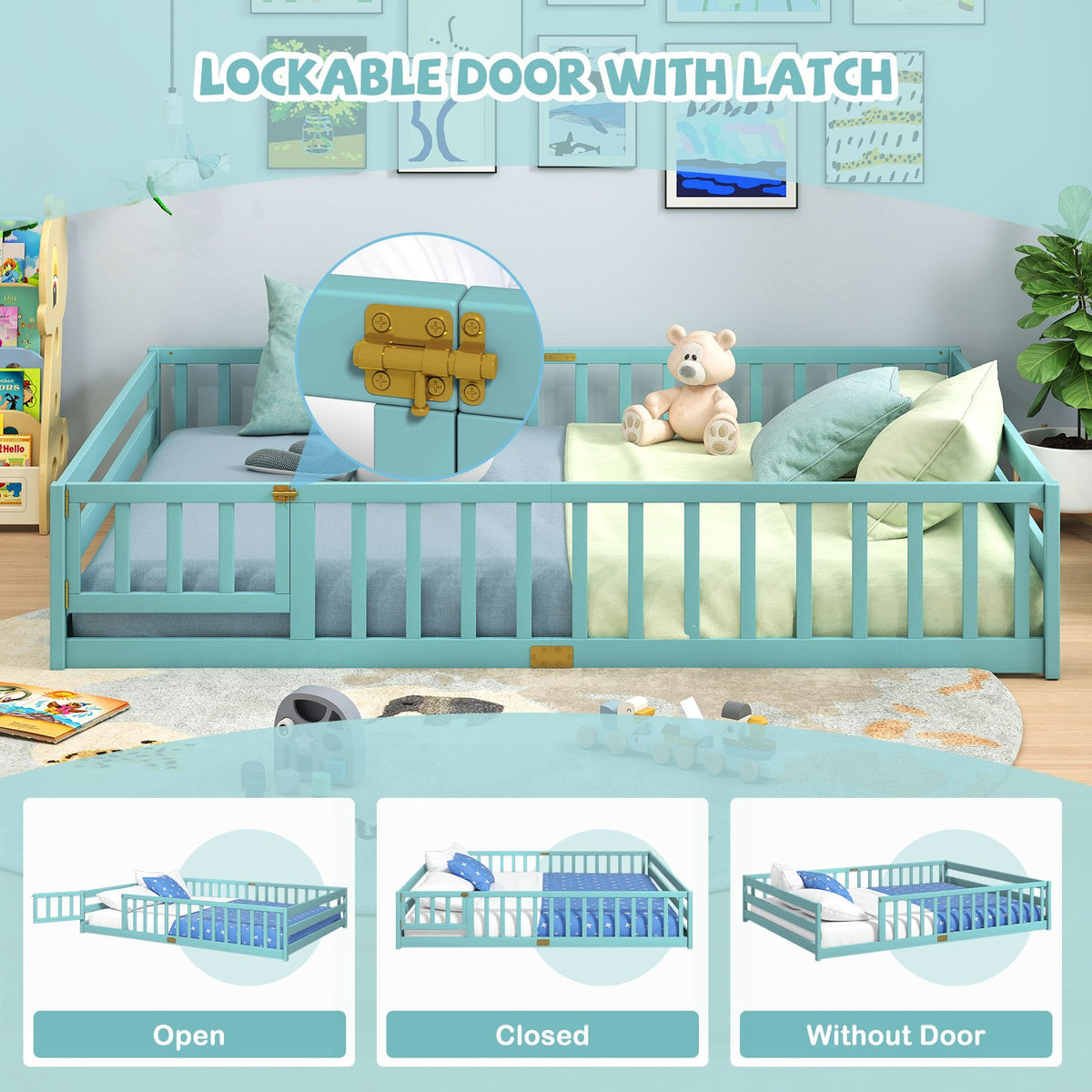 Queen Size Floor Bed Kids Montessori Bed Frame with Full Length Safety Guardrails-Dark Green view 9