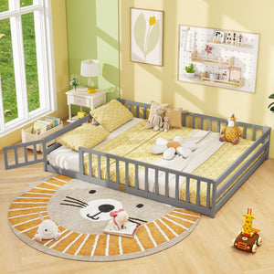 Queen Size Floor Bed Kids Montessori Bed Frame with Full Length Safety Guardrails-Gray view 2