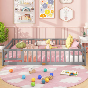 Queen Size Floor Bed Kids Montessori Bed Frame with Full Length Safety Guardrails-Gray view 3