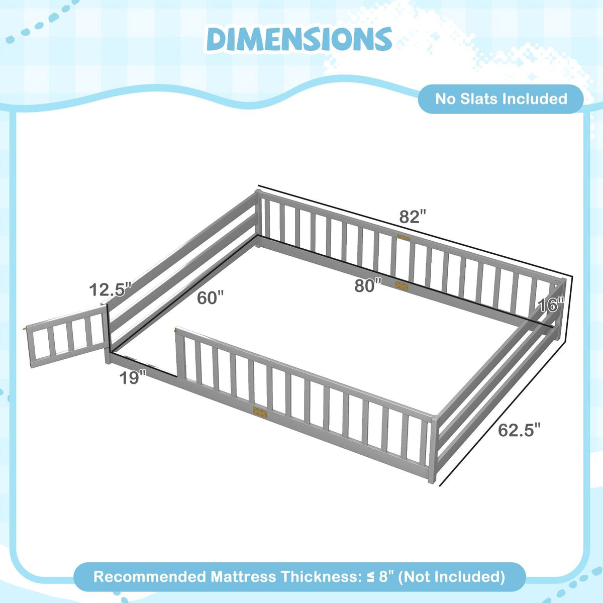 Queen Size Floor Bed Kids Montessori Bed Frame with Full Length Safety Guardrails-Gray view 4