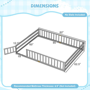 Queen Size Floor Bed Kids Montessori Bed Frame with Full Length Safety Guardrails-Gray view 4