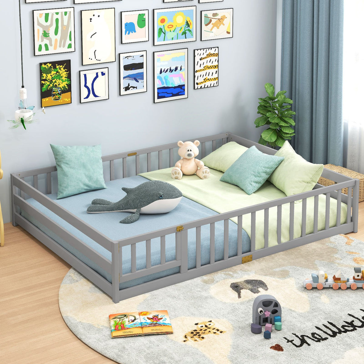 Queen Size Floor Bed Kids Montessori Bed Frame with Full Length Safety Guardrails-Gray view 5