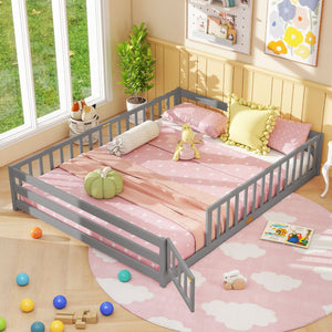 Queen Size Floor Bed Kids Montessori Bed Frame with Full Length Safety Guardrails-Gray view 6