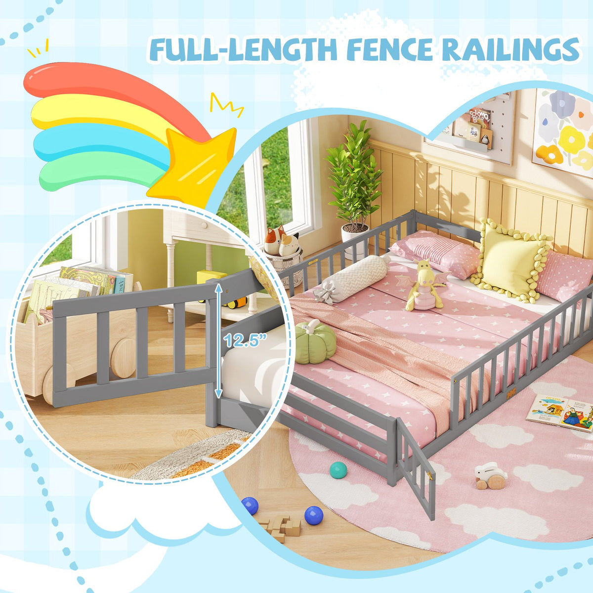 Queen Size Floor Bed Kids Montessori Bed Frame with Full Length Safety Guardrails-Gray view 8