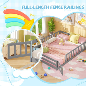 Queen Size Floor Bed Kids Montessori Bed Frame with Full Length Safety Guardrails-Gray view 8