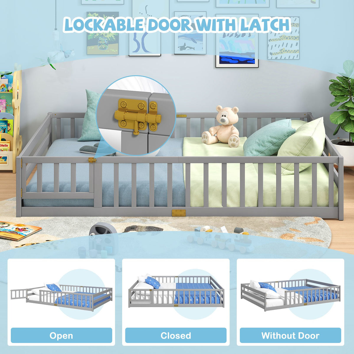 Queen Size Floor Bed Kids Montessori Bed Frame with Full Length Safety Guardrails-Gray view 9