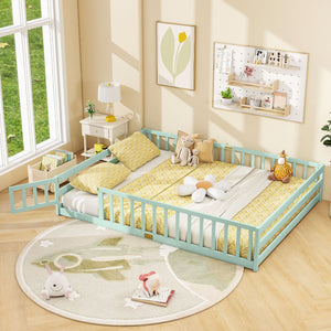 Queen Size Floor Bed Kids Montessori Bed Frame with Full Length Safety Guardrails-Green view 2