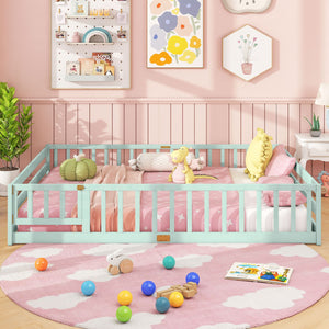 Queen Size Floor Bed Kids Montessori Bed Frame with Full Length Safety Guardrails-Green view 3