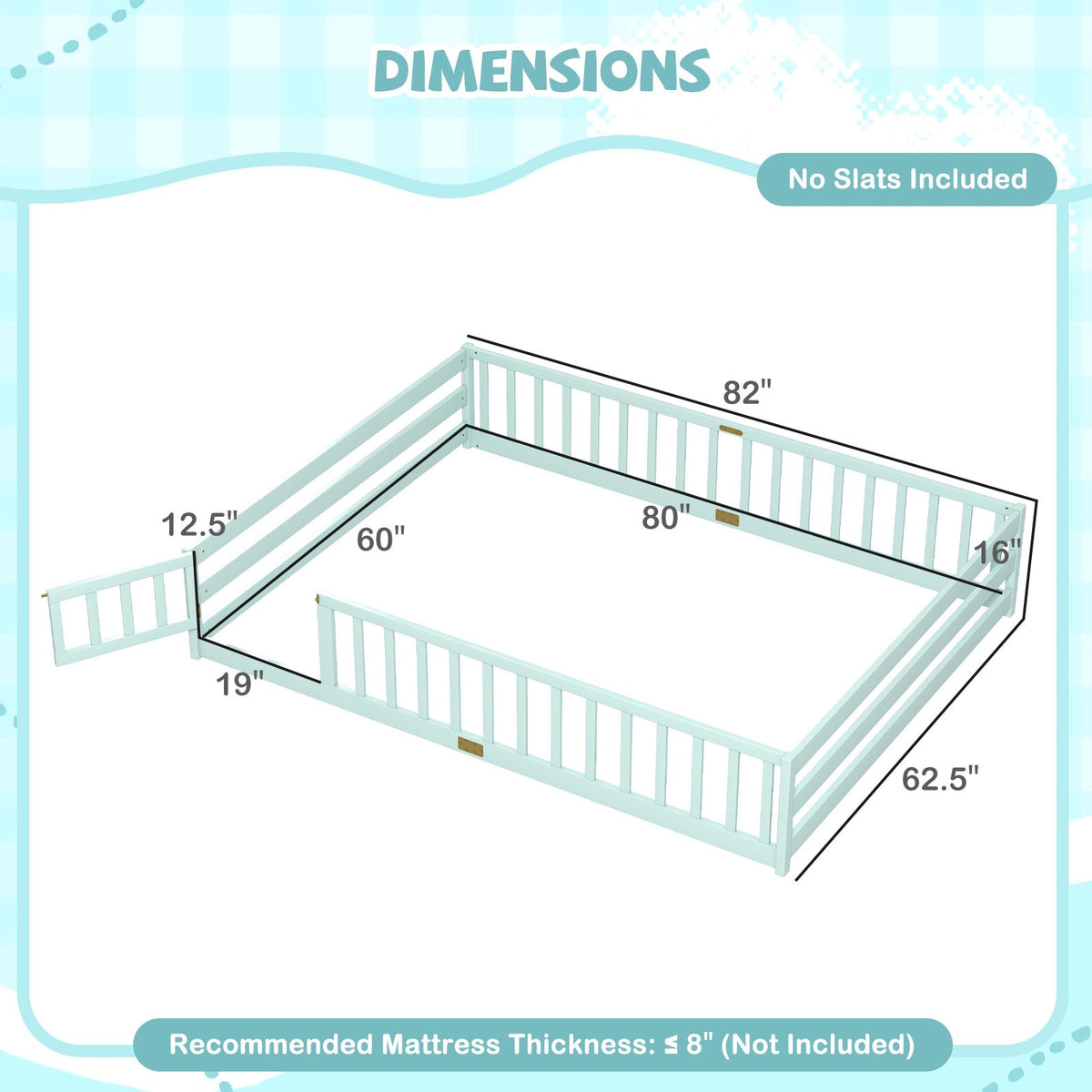 Queen Size Floor Bed Kids Montessori Bed Frame with Full Length Safety Guardrails-Green view 4