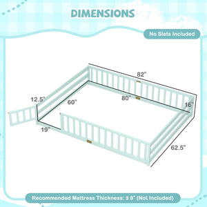 Queen Size Floor Bed Kids Montessori Bed Frame with Full Length Safety Guardrails-Green view 4