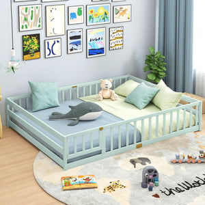 Queen Size Floor Bed Kids Montessori Bed Frame with Full Length Safety Guardrails-Green view 5