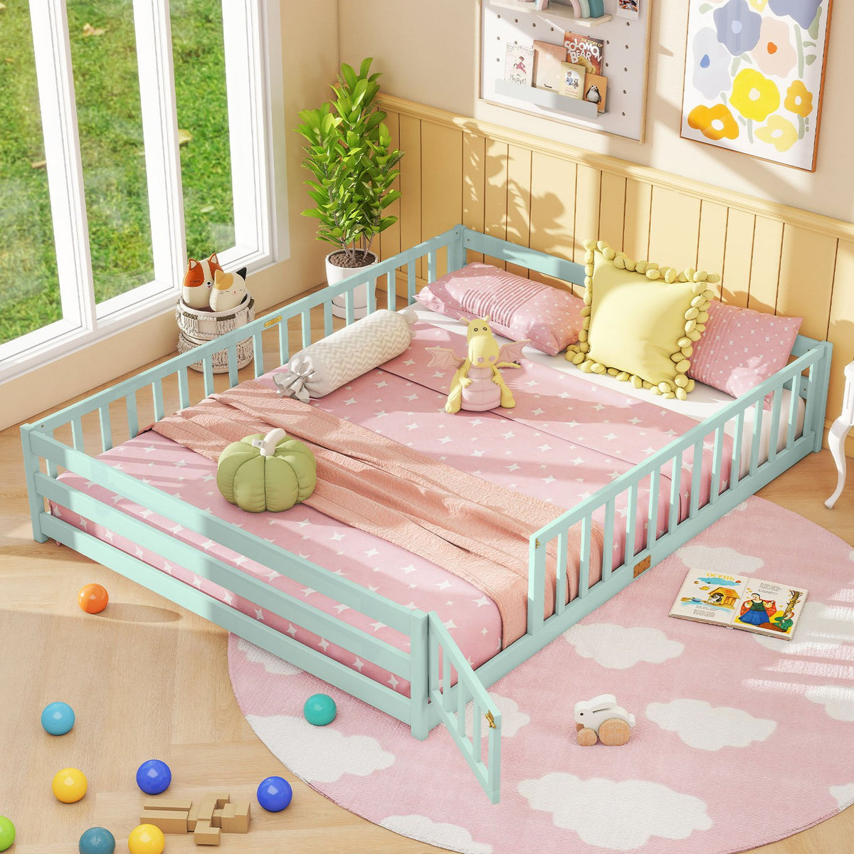 Queen Size Floor Bed Kids Montessori Bed Frame with Full Length Safety Guardrails-Green view 6